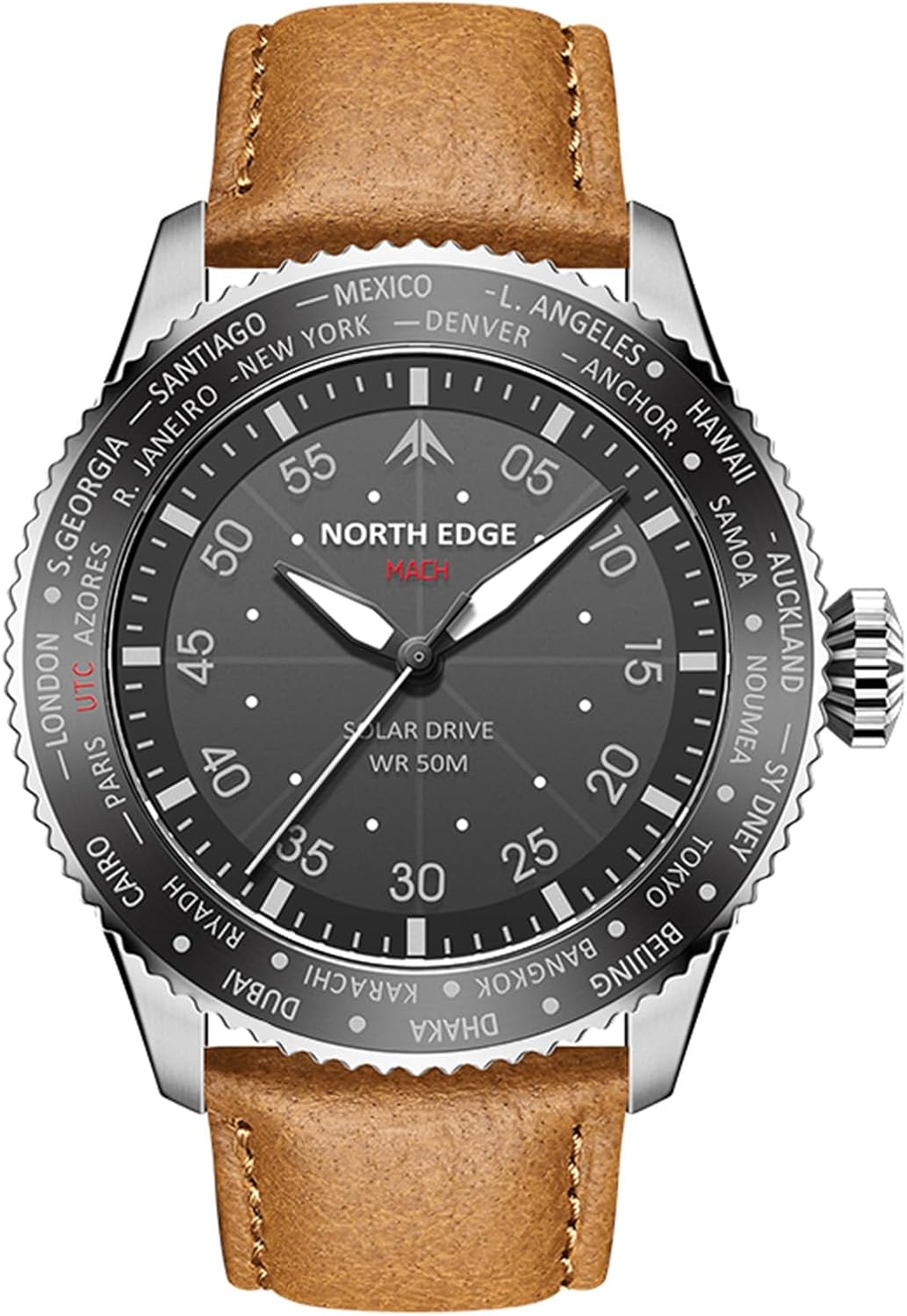 Reloj Solar Pilot para Hombre NORTH EDGE - Movimiento de Cuarzo, Cristal Mineral, Correa de Cuero Ligera y Duradera, Modelo: MACH