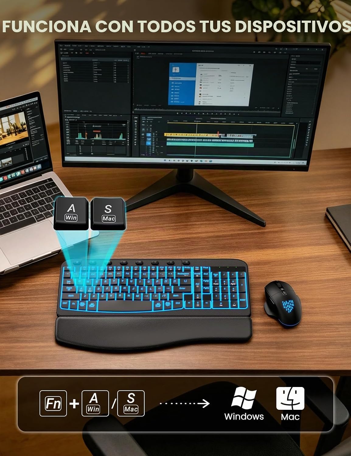 SABLUTE MA12Pro Wave - Teclado inalámbrico y mouse ergonómico, con...