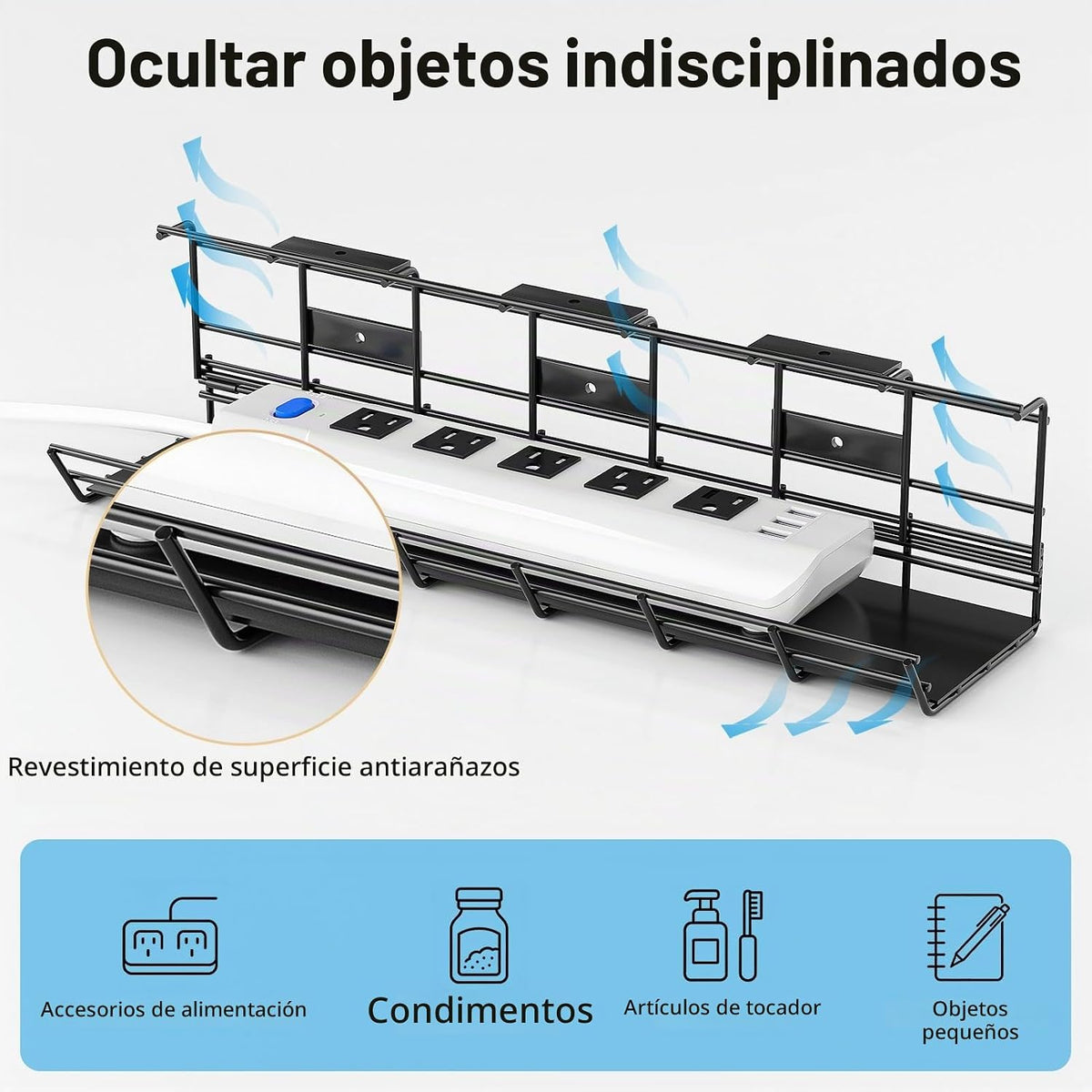 Delamu - Paquete de 2 bandejas de gestión de cables para debajo del escritorio, organizador de cables de metal para escritorio, fácil de instalar, organizador de cables previamente perforados para