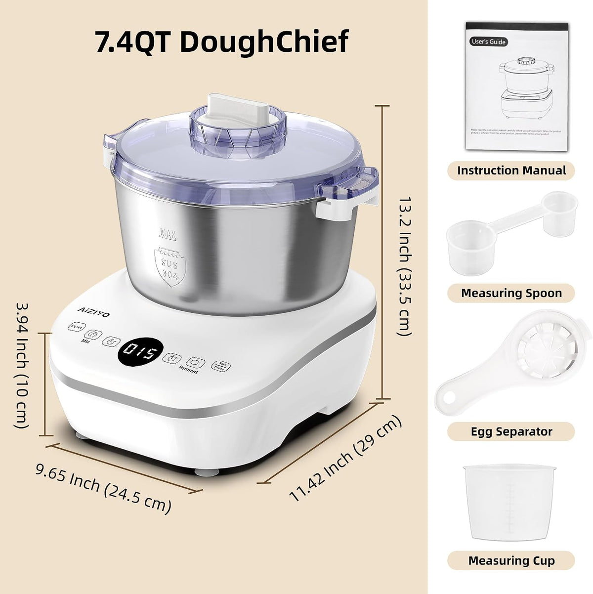 AIZIYO DoughChief, máquina de masa de 7.4 cuartos de galón, mezclador de masa con función de fermentación, cuenco de acero inoxidable 304, tapa extraíble, panel táctil boca arriba, caja eléctrica a