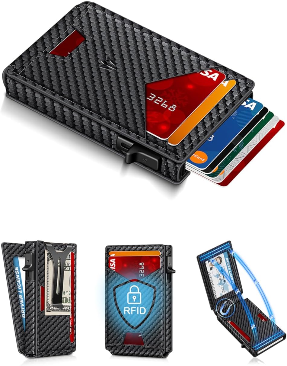 Cartera para hombre, delgada y minimalista con clip para dinero y ventana de identificación, bloqueo RFID, soporte para tarjetas de crédito emergente, billetera inteligente de aluminio para hombre con