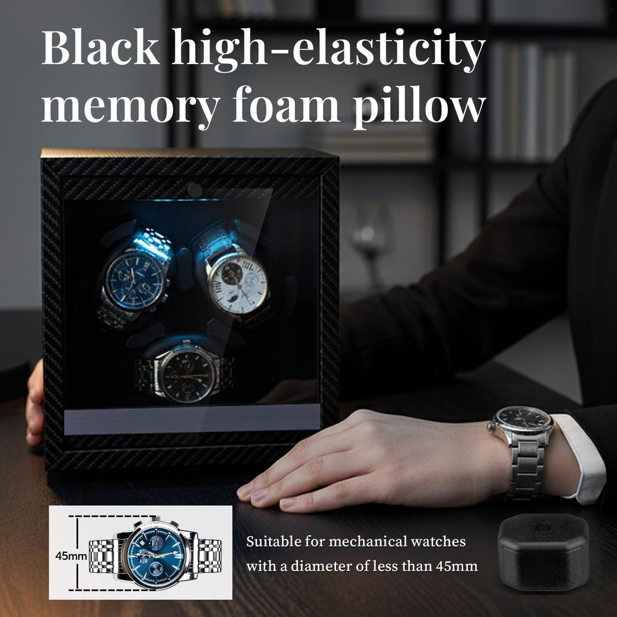 Mcbazel Enrollador de reloj para relojes automáticos, 4 modos de rotación con motor súper silencioso, luz LED azul, almohadas de espuma viscoelástica, regalo para hombres y mujeres [negro]
