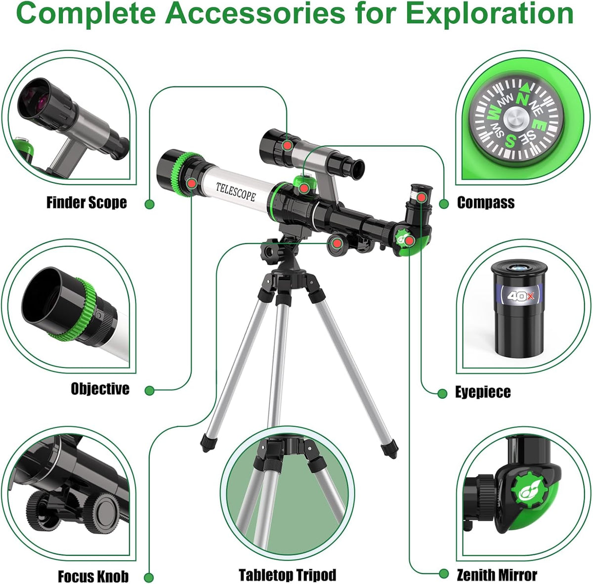 Telescopio para niños, juguetes espaciales para niños, incluye brújula y 3 oculares, gran telescopio portátil como regalo de astronomía, kit educativo STEM para niños y niñas para ver la luna