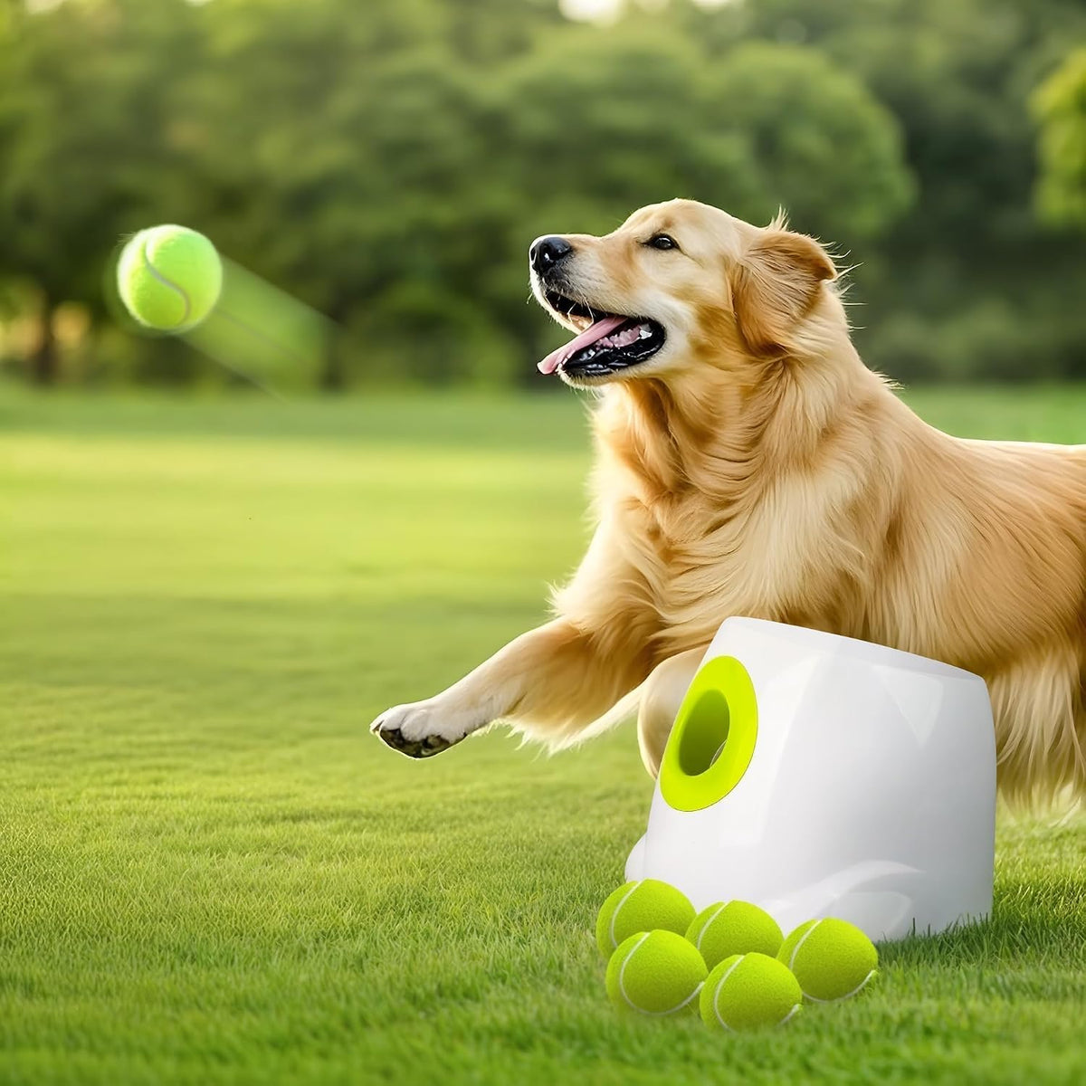 ALL FOR PAWS Lanzador automático de bolas para perros, juguete interactivo para perros medianos a grandes, máquina lanzadora de bolas recargable para mascotas para jugar al aire libre, 6 bolas de 2.5 pulgadas incluidas
