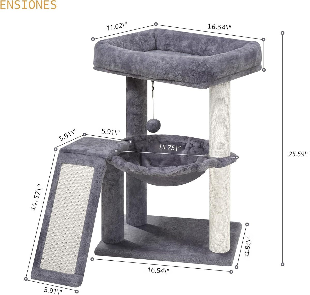 YOUPET - Árbol para gatos con poste rascador para gatos de interior, torre para gatos con tabla de rascar y bolas de juguete divertidas, torre de árbol para gatos con hamaca acogedora, gris