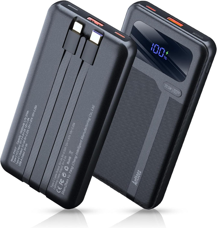 Antteez Cargador portátil con cable integrado \u2013 10000 mAh carg...