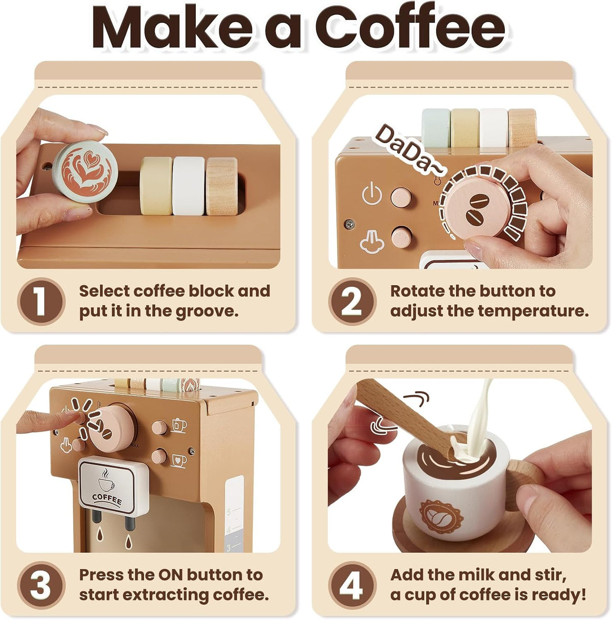 Cafetera de juguete para niños, juguete de madera de simulación