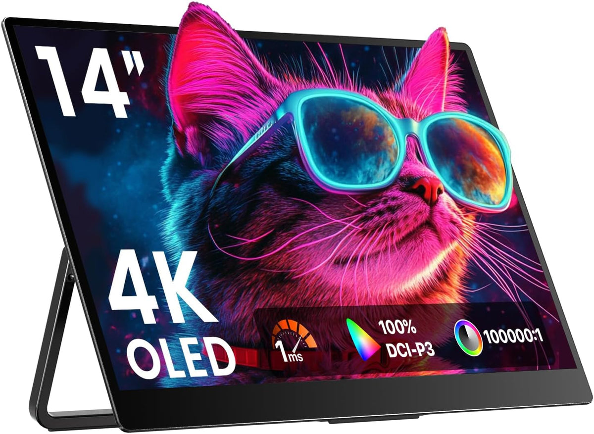 Upperizon Monitor portátil de 14 pulgadas 4K 3840X2400 100000:1 100% DCI-P3 OLED HDMI USB-C Monitor de viaje para laptop, MacBook, PC, Surface PS5 Xbox, pantalla externa con soporte y altavoces, compatible con VESA