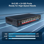 Conmutador Ethernet de 10 Gb con 8 puertos RJ45 de 2.5GbE + 2 puertos RJ45 de 10 GbE, interruptor de red multiGigabit VunLink de 10 puertos no administrado 2.5G/10G, Plug & Play, montaje en escritorio