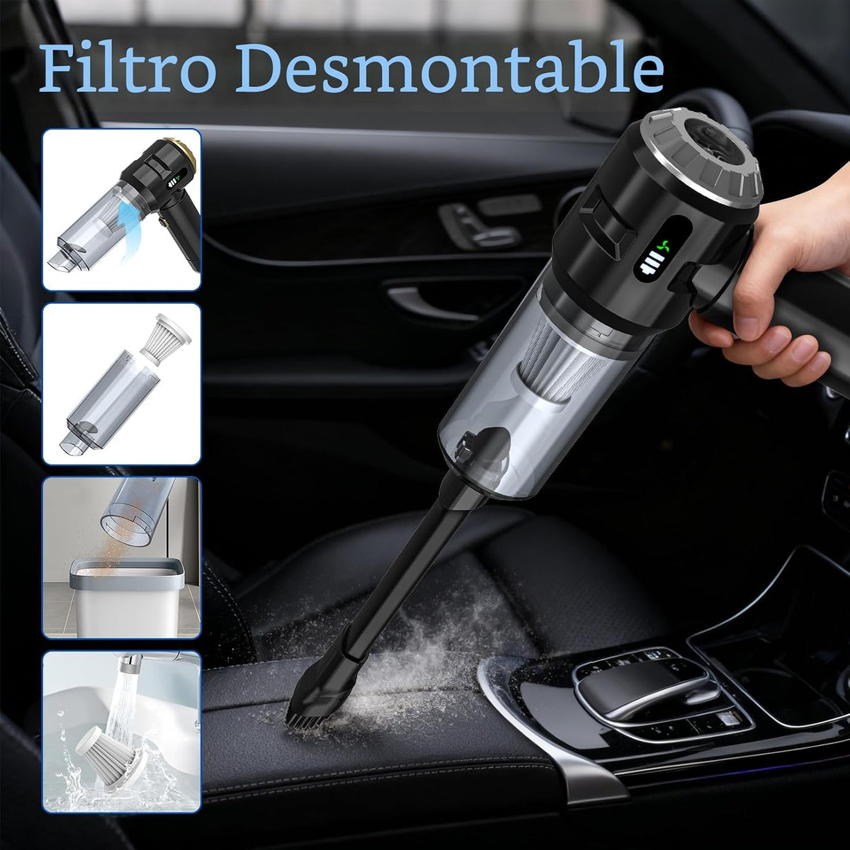 Aspiradora de mano para automóvil, 25000 PA, fuerte succión ciclónica, portátil, mini aspiradora inalámbrica con pantalla digital, ligera de mano para pelo de mascotas, automóvil, hogar