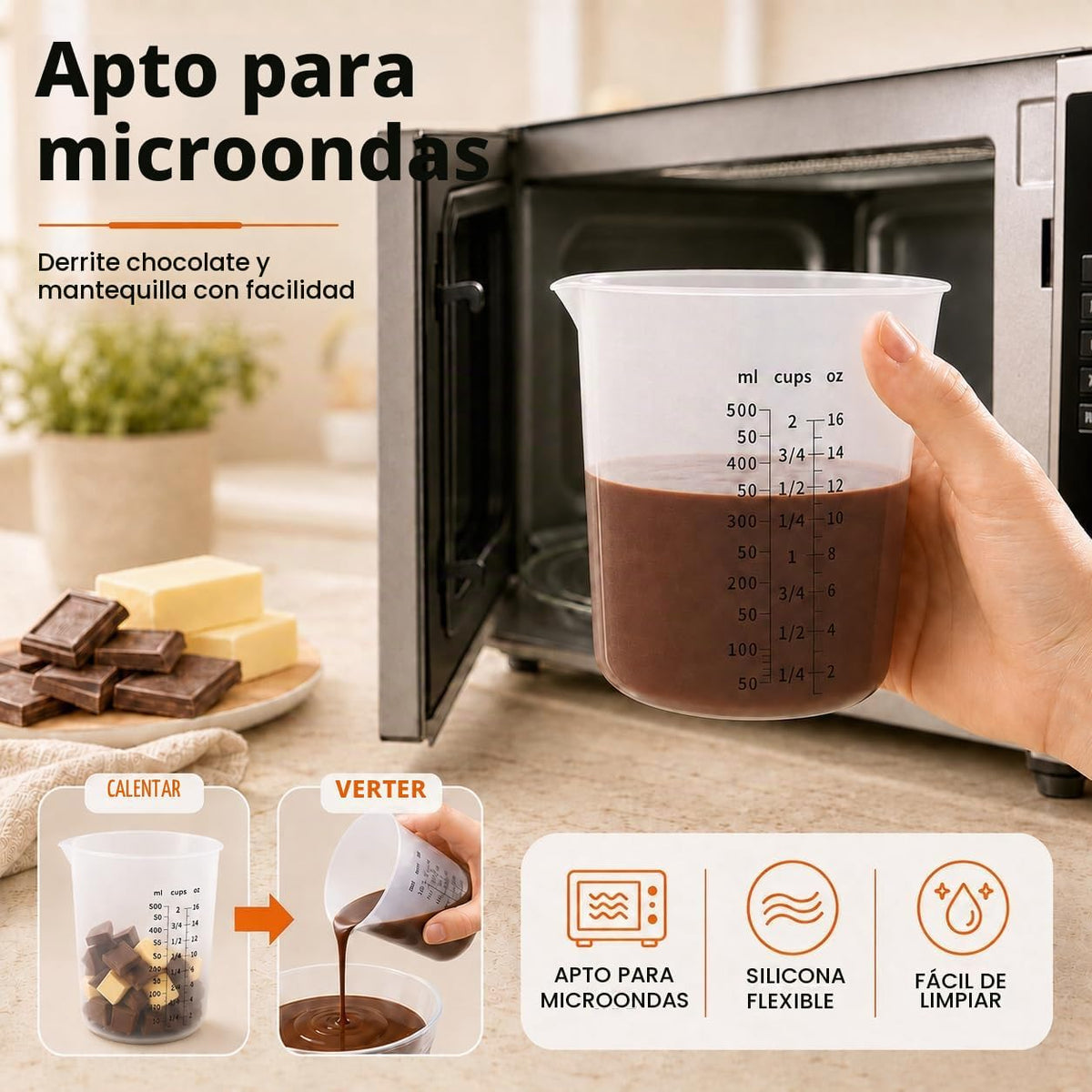 Juego de tazas medidoras de silicona, 3 piezas - 8.5 fl oz + 16.9 fl oz +