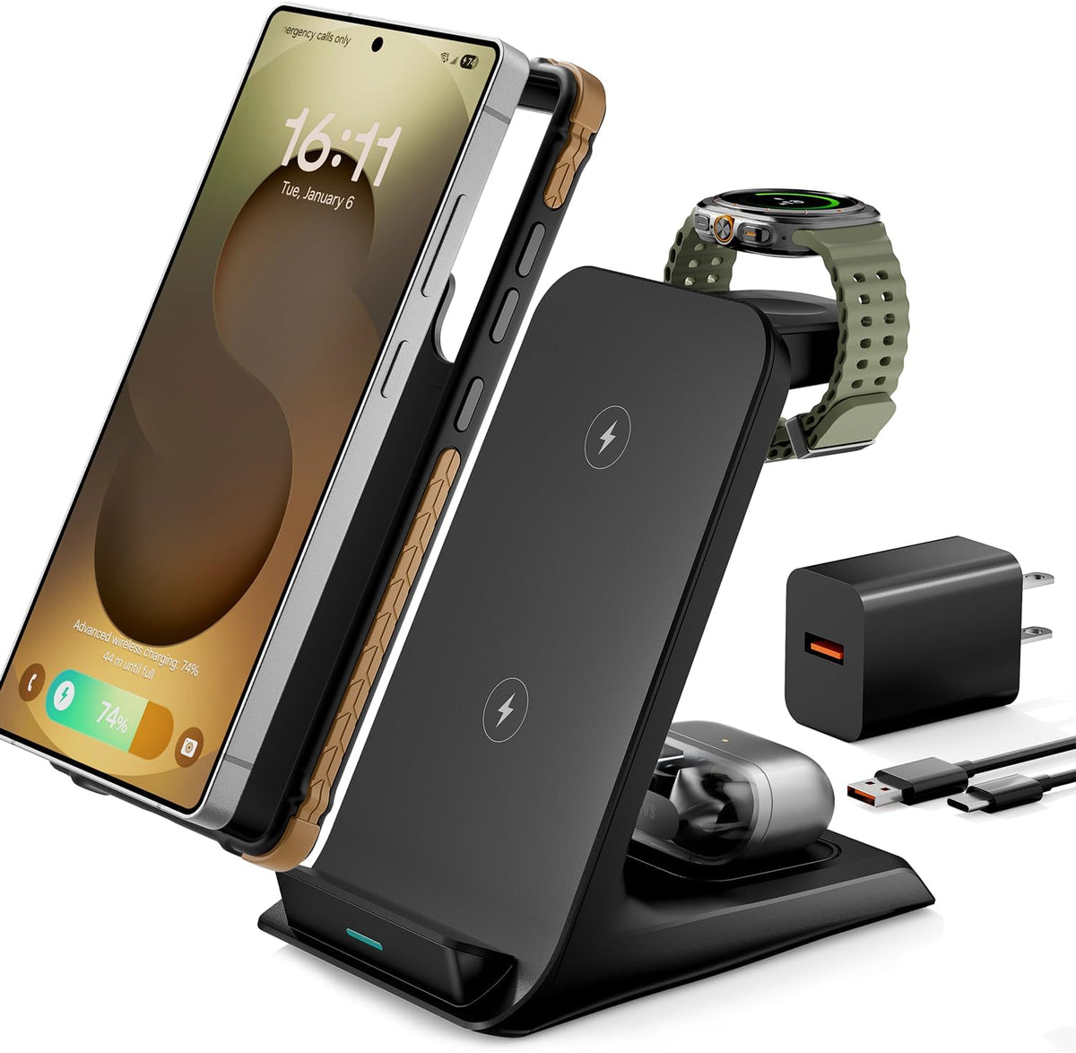 Estación de carga 3 en 1 para Samsung para fundas gruesas de 0.394 in/Otterbox/resistente, cargador inalámbrico para Galaxy S26 Ultra/S25/S24, soporte de cargador de teléfono para Galaxy Watch