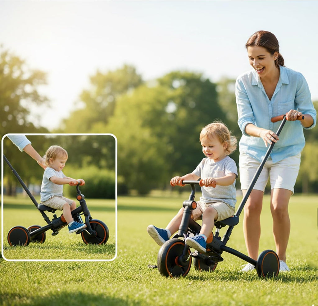Triciclo plegable de empuje para niños pequeños con toldo, triciclo de equilibrio 8 en 1 con asa, triciclo para niños de 1 a 3 años, triciclos plegables para niños (negro)