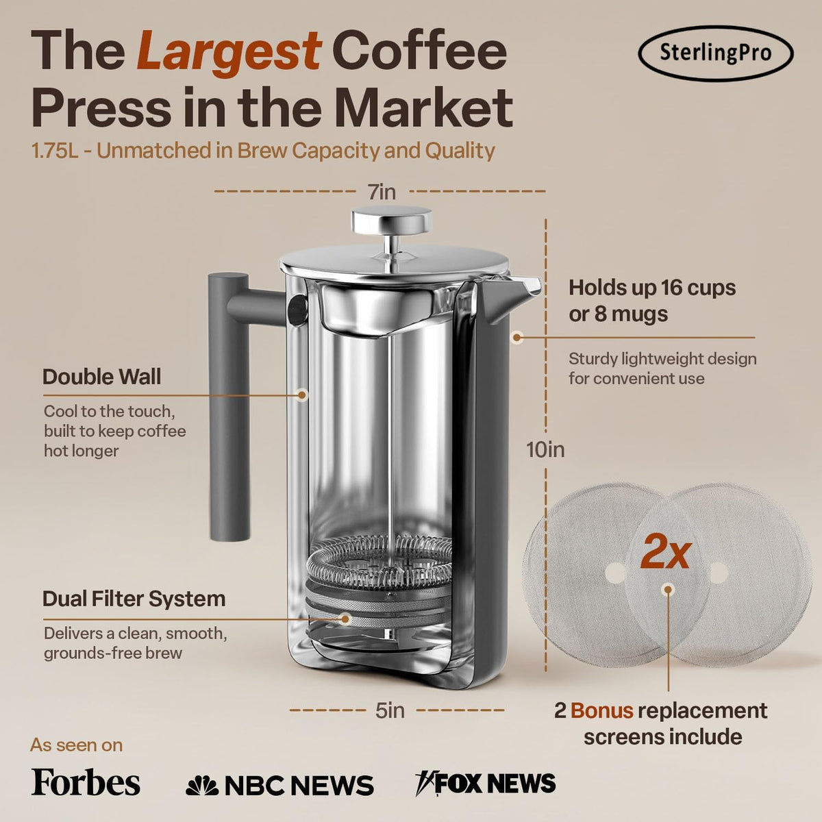 SterlingPro - Cafetera de prensa francesa de acero inoxidable extra grande con aislamiento no tóxico de 64 onzas, capacidad de 1/2 galón/2 litros (rendimiento de preparación de 59 onzas)