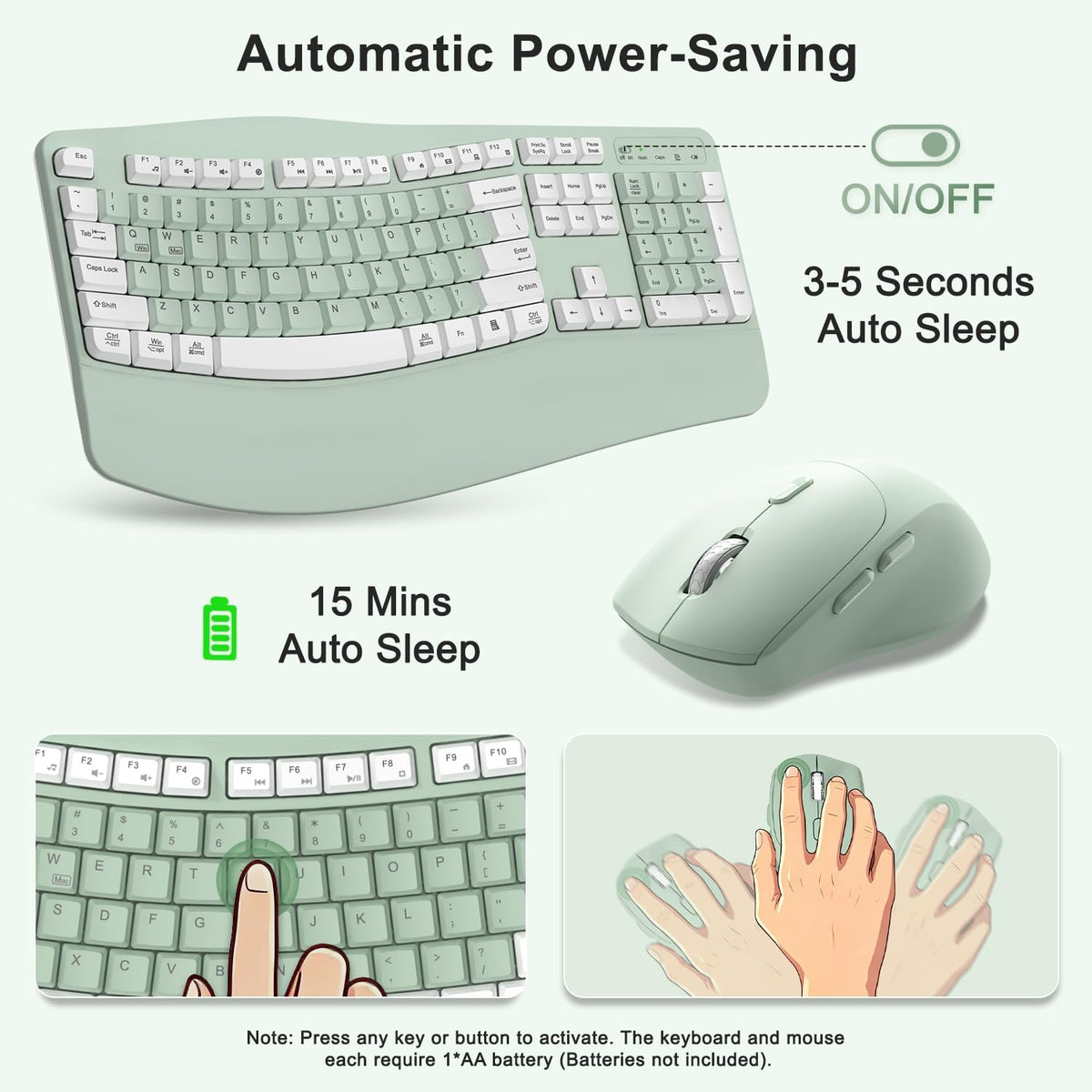 Combo de teclado y mouse inalámbricos, teclas de onda ergonómicas 2.4G