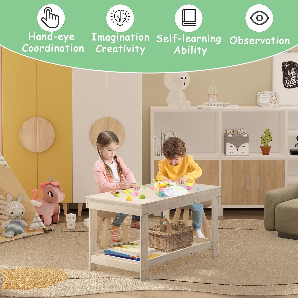 Mesa de actividades para niños con tablero y almacenamiento compatible con Lego, mesa de juego de madera para dibujar, bloques de construcción, lectura, regalos para niños y niñas