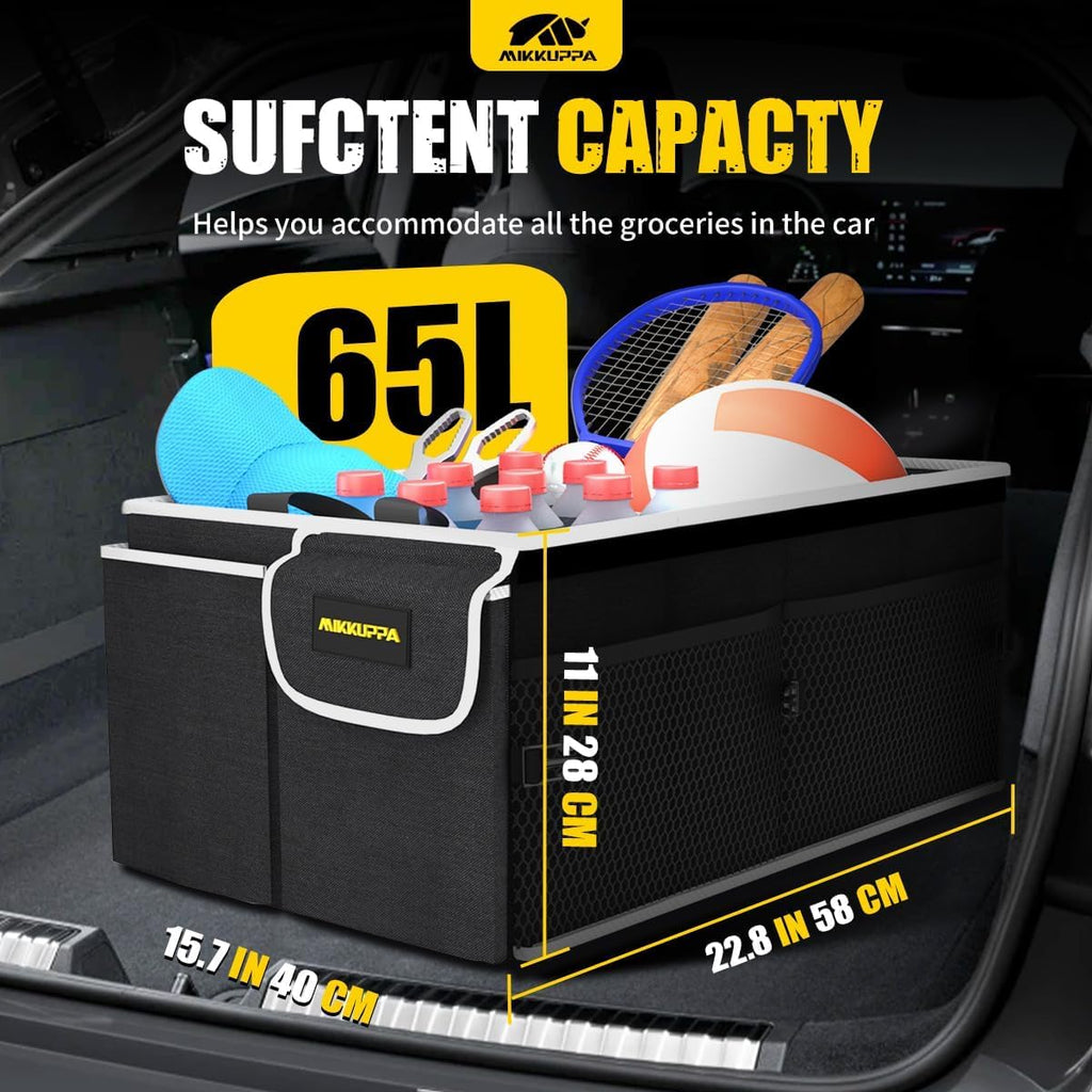 MIKKUPPA Organizador de maletero para automóvil - Organizador plegable de 65 litros con tapa, almacenamiento resistente para SUV, automóvil, camioneta con correas ajustables y parte inferior