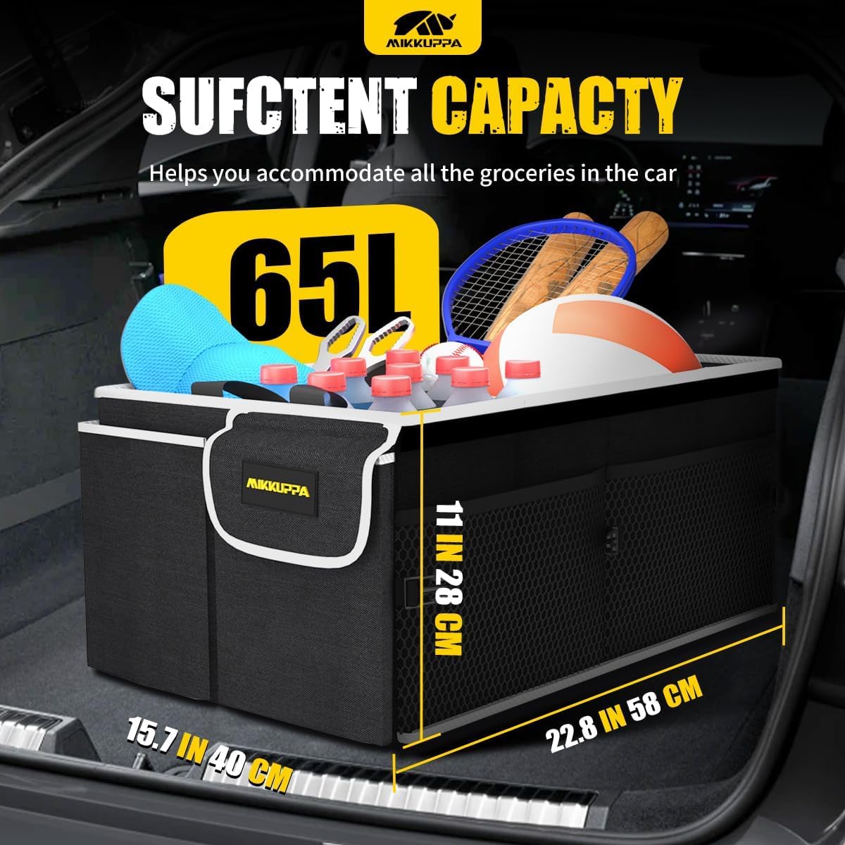 MIKKUPPA Organizador de maletero para automóvil - Organizador plegable de 65 litros con tapa, almacenamiento resistente para SUV, automóvil, camioneta con correas ajustables y parte inferior