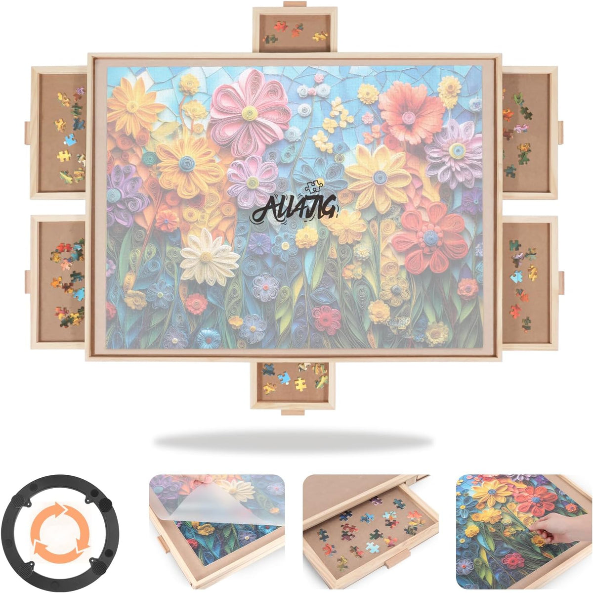 ALL4JIG - Tablero de rompecabezas giratorio de 1000 piezas con 6 cajones y cubierta, mesa de rompecabezas portátil de madera de 22.44 x 30.16 pulgadas para adultos, tablero giratorio Lazy Susan de