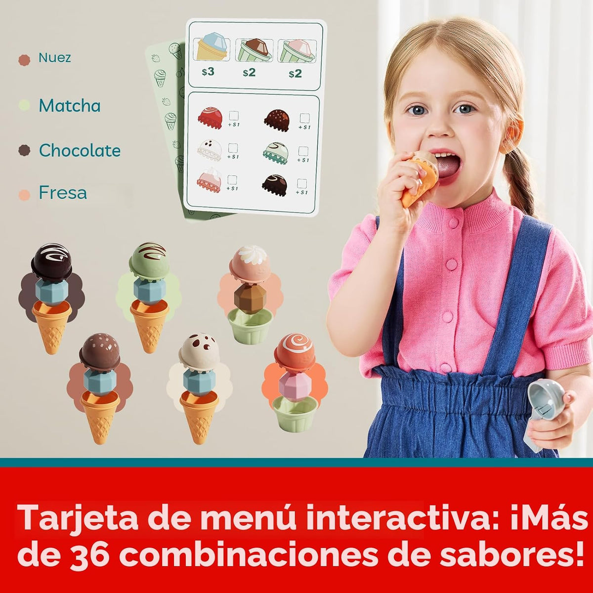 TOP BRIGHT Juguetes de Madera para Juego de Simulación de Helados, Set de Cocina para Niños con Mostrador de Helados, Cuchara y Menú, Juguetes Montessori para Niños y Niñas Regalo Capybara Edad 3+
