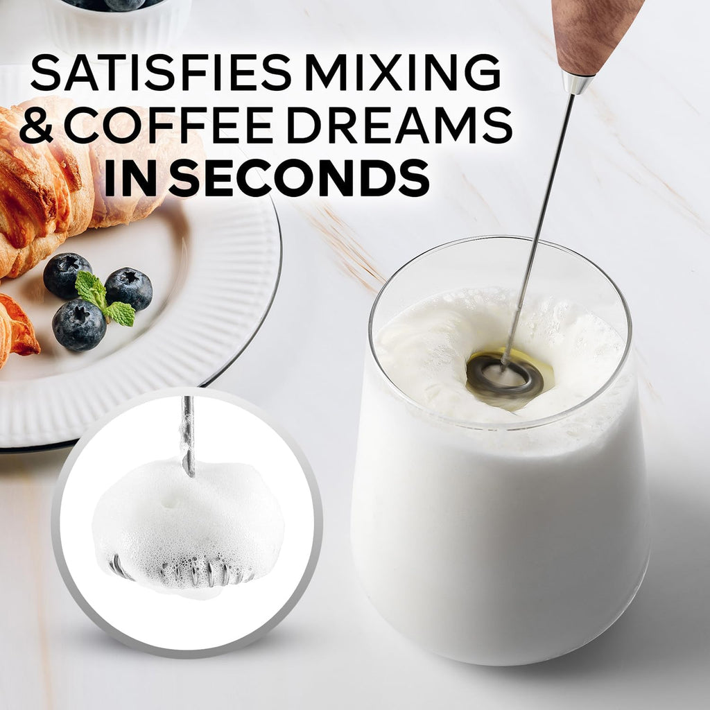 Zulay Kitchen Potente varita espumadora de leche con baterías Duracell - Mezclador de bebidas portátil ultrarrápido - Máquina eléctrica de espuma para café, lattes, capuchino y matcha, motor Z1, nogal