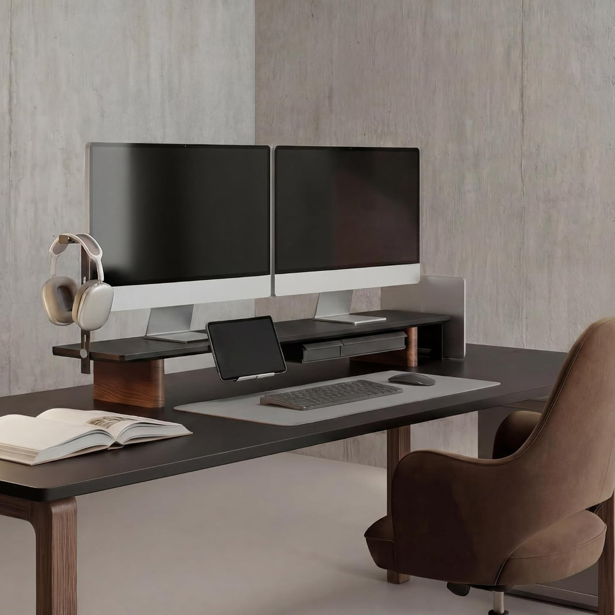 Fenge Soporte Modular Elevador para Doble Monitor con Pata de Madera de Fresno Macizo, 42.5" Negro