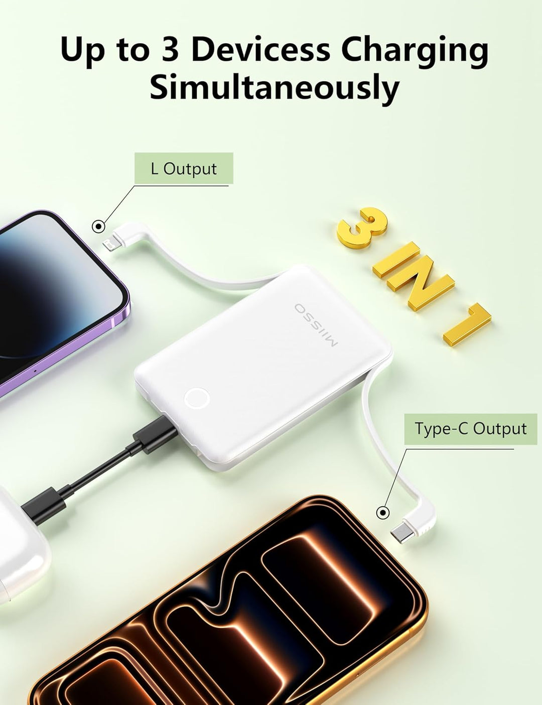miisso Mini cargador portátil de 10000 mAh con cable integrado, tam...