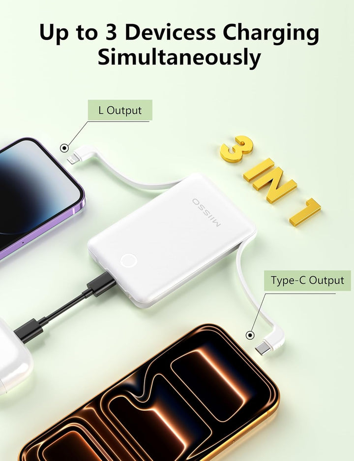 miisso Mini cargador portátil de 10000 mAh con cable integrado, tam...