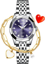 OLEVS Reloj Analógico de Cuarzo para Mujer, Acero Inoxidable Plateado de Dos Tonos, Moda, Resistente al Agua, Luminoso, con Fecha y Día, Relojes de Pulsera para Damas