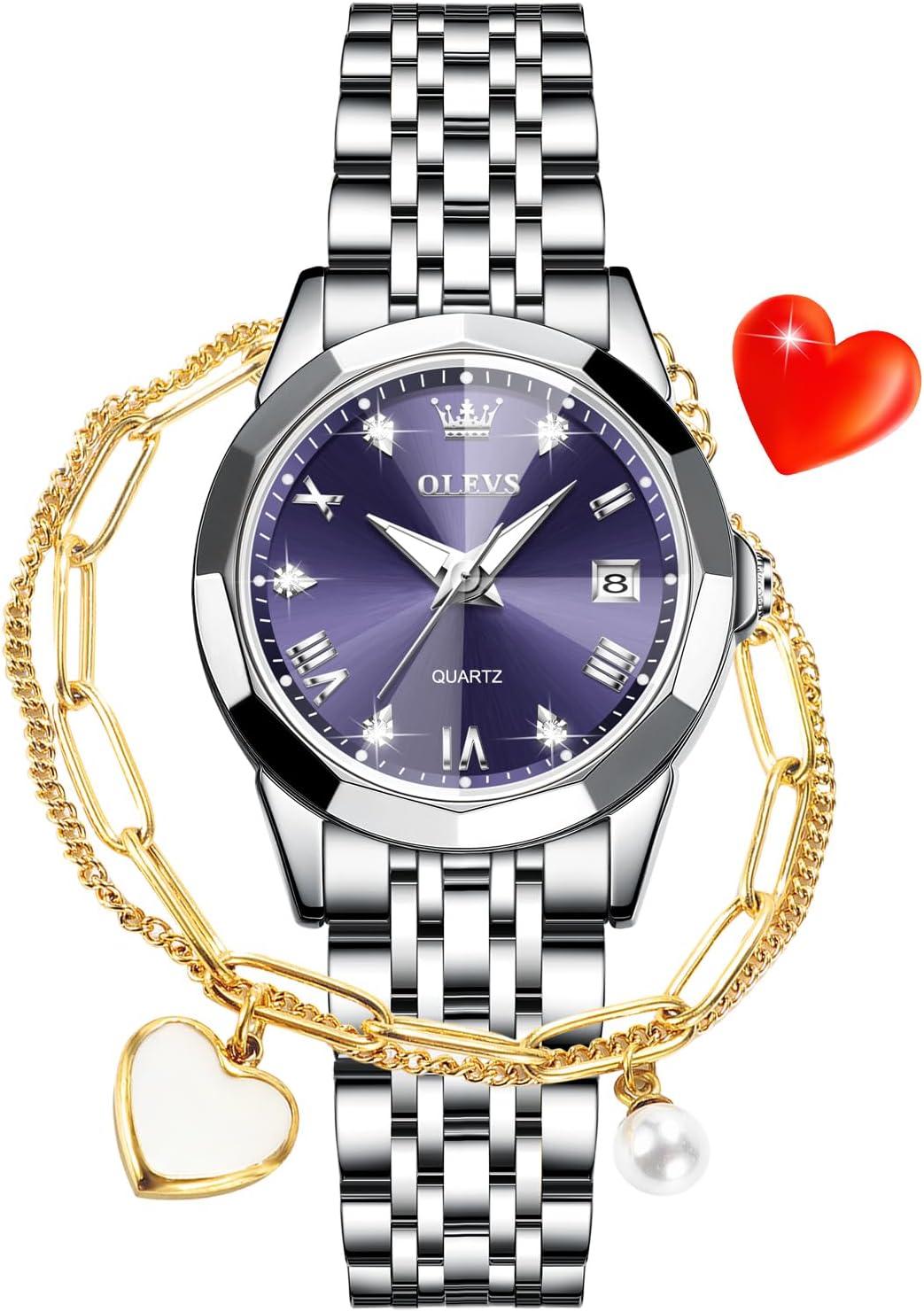 OLEVS Reloj Analógico de Cuarzo para Mujer, Acero Inoxidable Plateado de Dos Tonos, Moda, Resistente al Agua, Luminoso, con Fecha y Día, Relojes de Pulsera para Damas