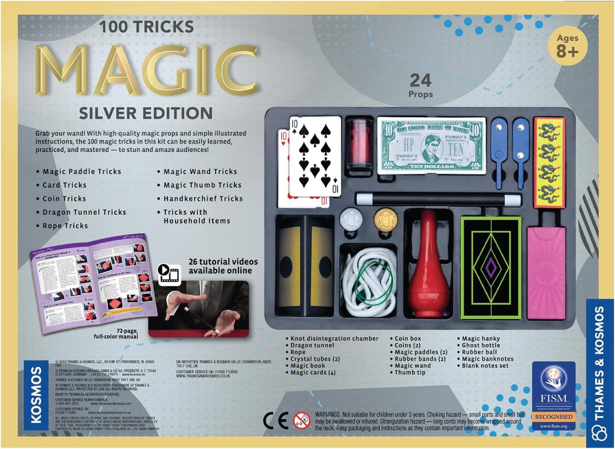 Thames & Kosmos Magic: Silver Edition | Kit de 100 trucos de magia con 24 accesorios | Manual a todo color de 72 páginas y 26 videos tutoriales | Reconocido por FISM | A partir de 8 años
