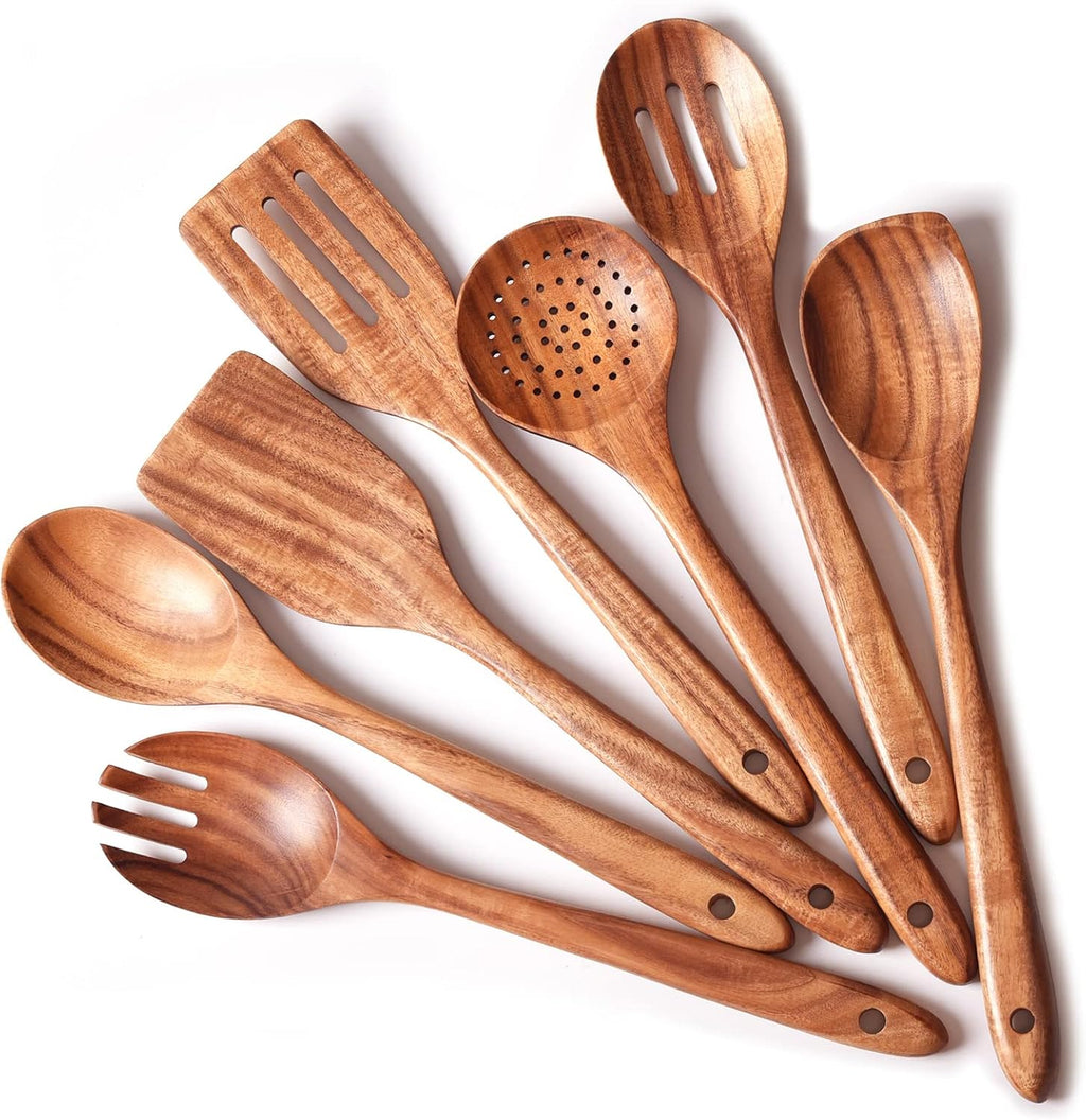 Utensilios de madera de 13 pulgadas de largo para cocinar, cucharas de madera de mango largo para cocinar, juego de 7 PIEZAS de cucharas de madera para manualidades, juego de utensilios de