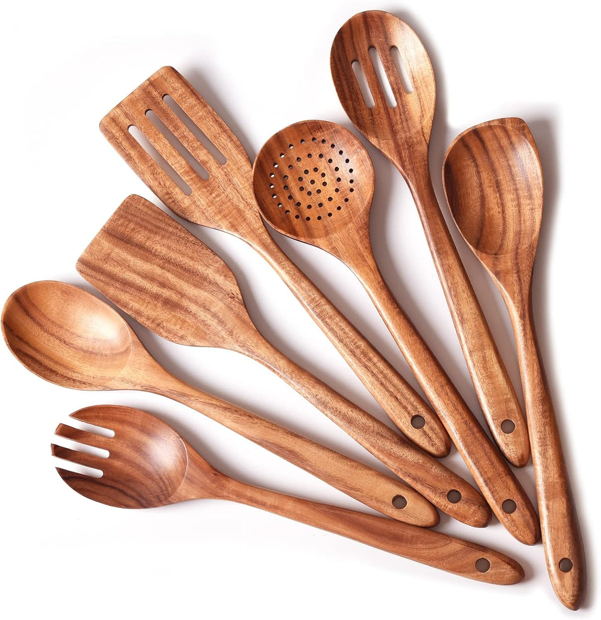 Utensilios de madera de 13 pulgadas de largo para cocinar, cucharas de madera de mango largo para cocinar, juego de 7 PIEZAS de cucharas de madera para manualidades, juego de utensilios de