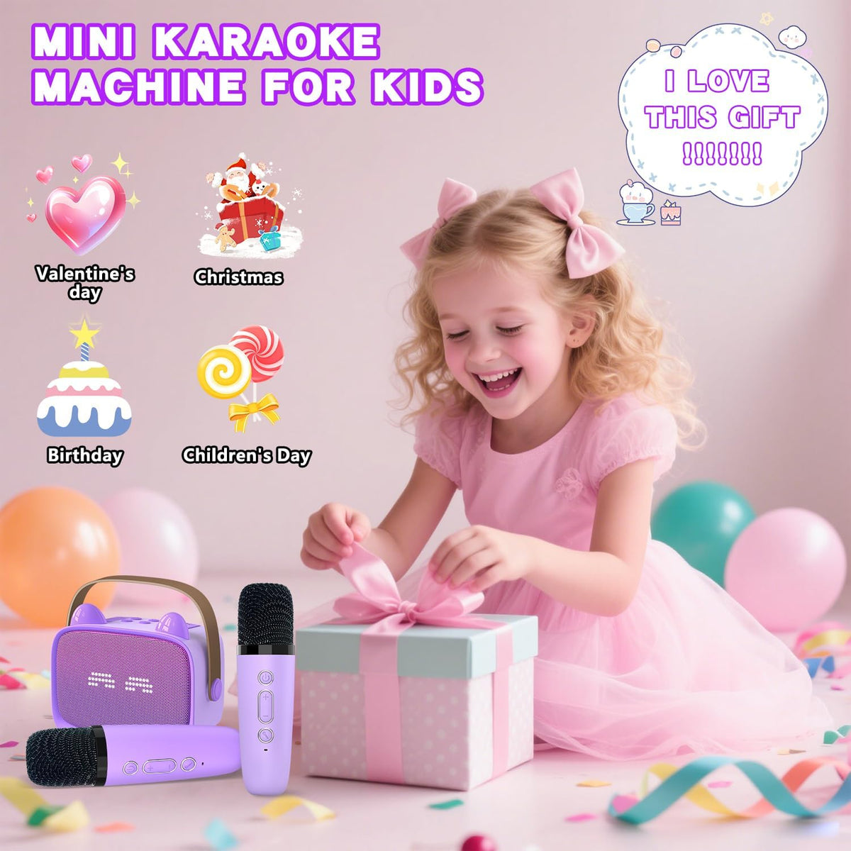 Mgaolo - Máquina de karaoke mini mejorada para niños, altavoz Bluetooth portátil con 2 micrófonos inalámbricos, emoji y luces LED coloridas, regalos para jugar en casa, viajes y fiestas para niños y