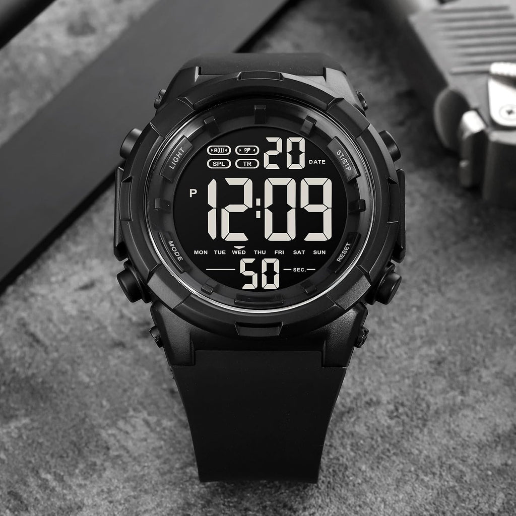 XCZAP Reloj deportivo digital negro para hombre, reloj táctico militar de cara grande, resistente al agua 5ATM, retroiluminación LED, alarma, cronómetro, doble hora