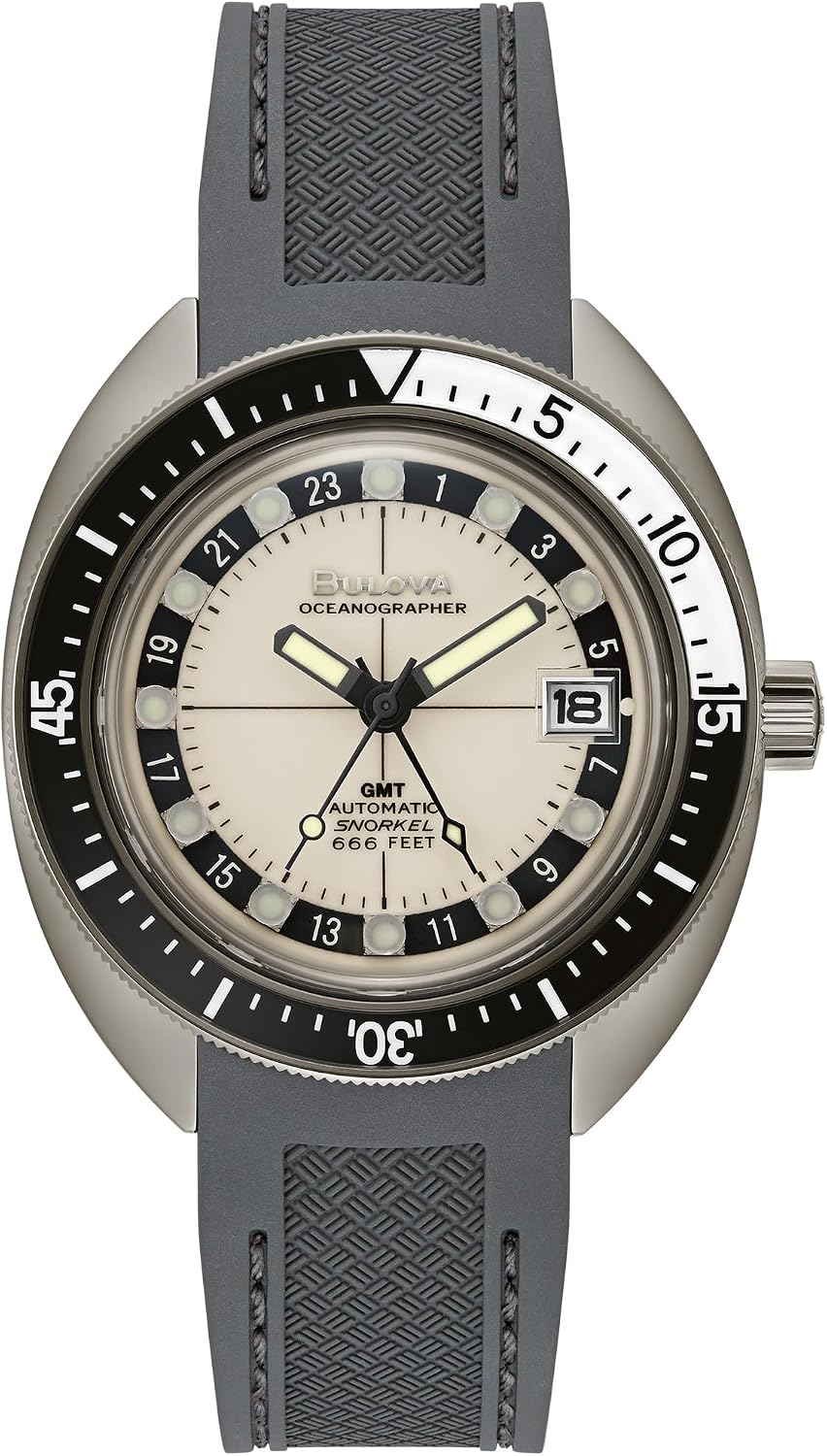Bulova Reloj automático para hombre Oceanographer Snorkel GMT, caja de acero inoxidable gris ionizada, bisel giratorio unidireccional negro, correa de silicona gris, esfera blanca Estilo: 98B407