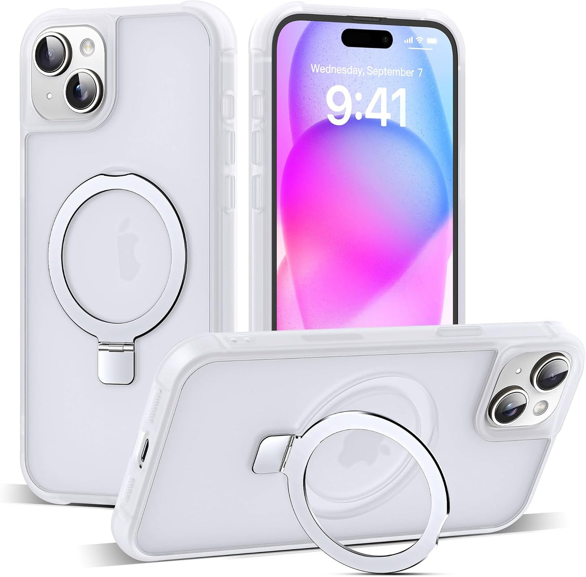 SKYLMW - Funda compatible con iPhone 15, con soporte magnético invisible tipo anillo, funda translúcida de grado militar para iPhone 15 de 6.1 pulgadas, compatible con MagSafe, translúcida