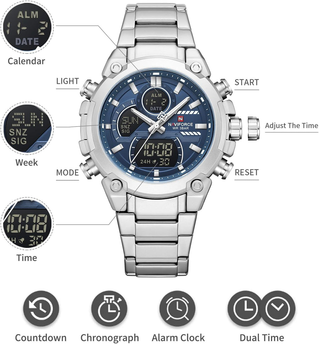 NAVIFORCE Relojes digitales multifunción, reloj analógico impermeable 3ATM para hombres, reloj de pulsera de lujo luminoso, regalo