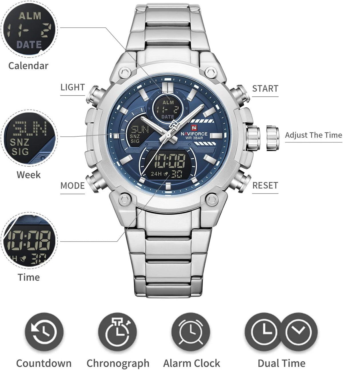 NAVIFORCE Relojes digitales multifunción, reloj analógico impermeable 3ATM para hombres, reloj de pulsera de lujo luminoso, regalo