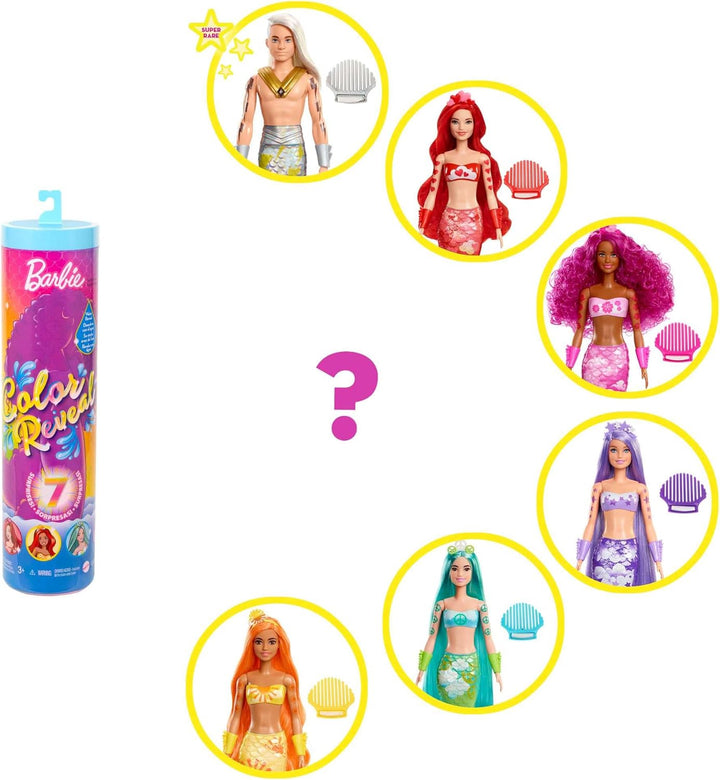 Muñeca Barbie Color Reveal y accesorios, serie sirena arco iris, 7...