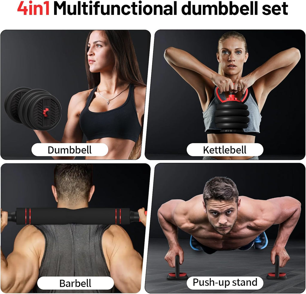 Mancuernas ajustables, juego de mancuernas de 20/30/40/60/80 libras, juego de pesas libres 4 en 1 para mujeres/hombres, equipo de entrenamiento utilizado como barra/pesas rusas/soporte de flexión para