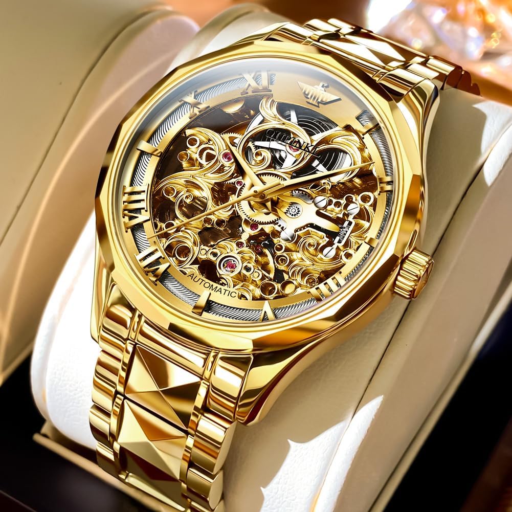 OLEVS Relojes automáticos para hombre esqueleto dorado acero inoxidable