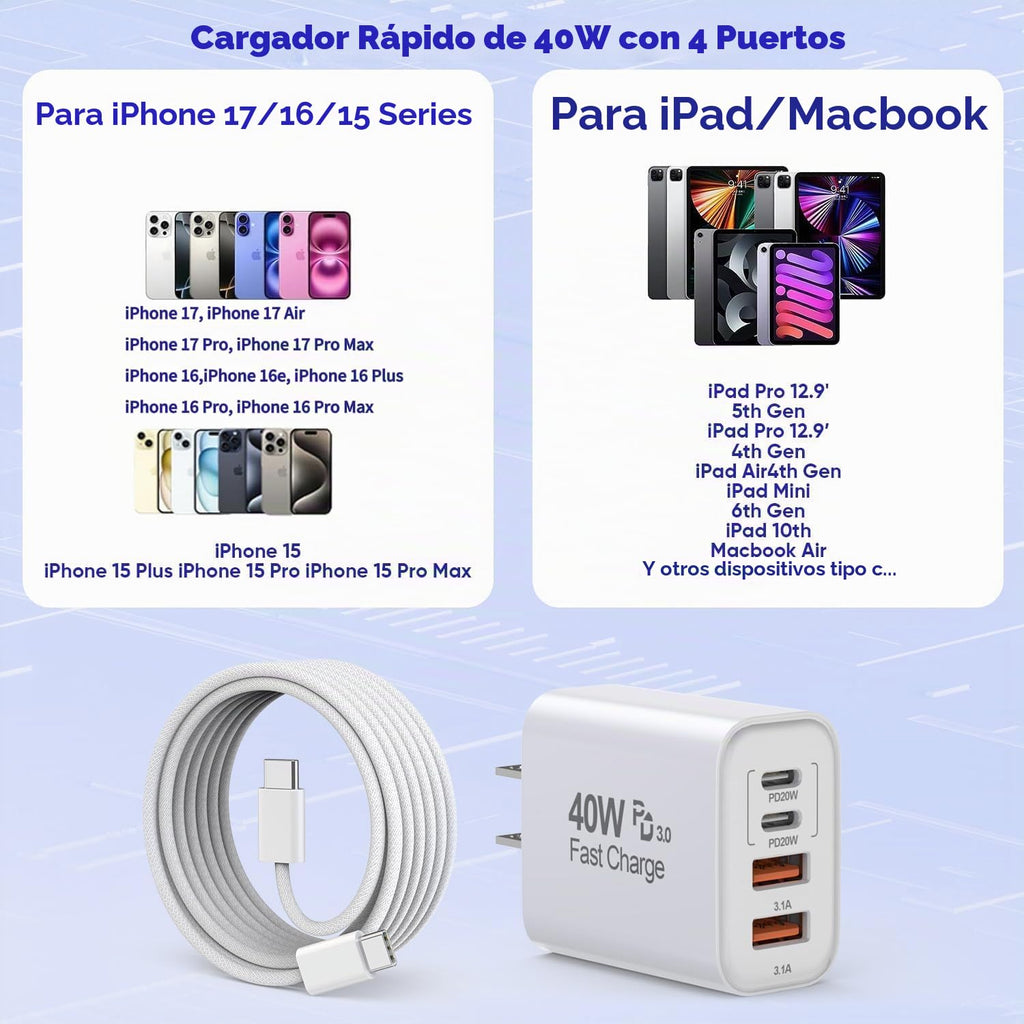 Cargador de 10 pies para iPhone 17, 16, 15 Pro, paquete de 2 cables tejidos USB C a C de 10 pies de 40 W, cargador de Apple de 4 puertos PD y CA, bloque de carga rápida para iPhone 17 Air/17 16 15 Pro Max/16e/16 Plus/15/15 Pro/iPad