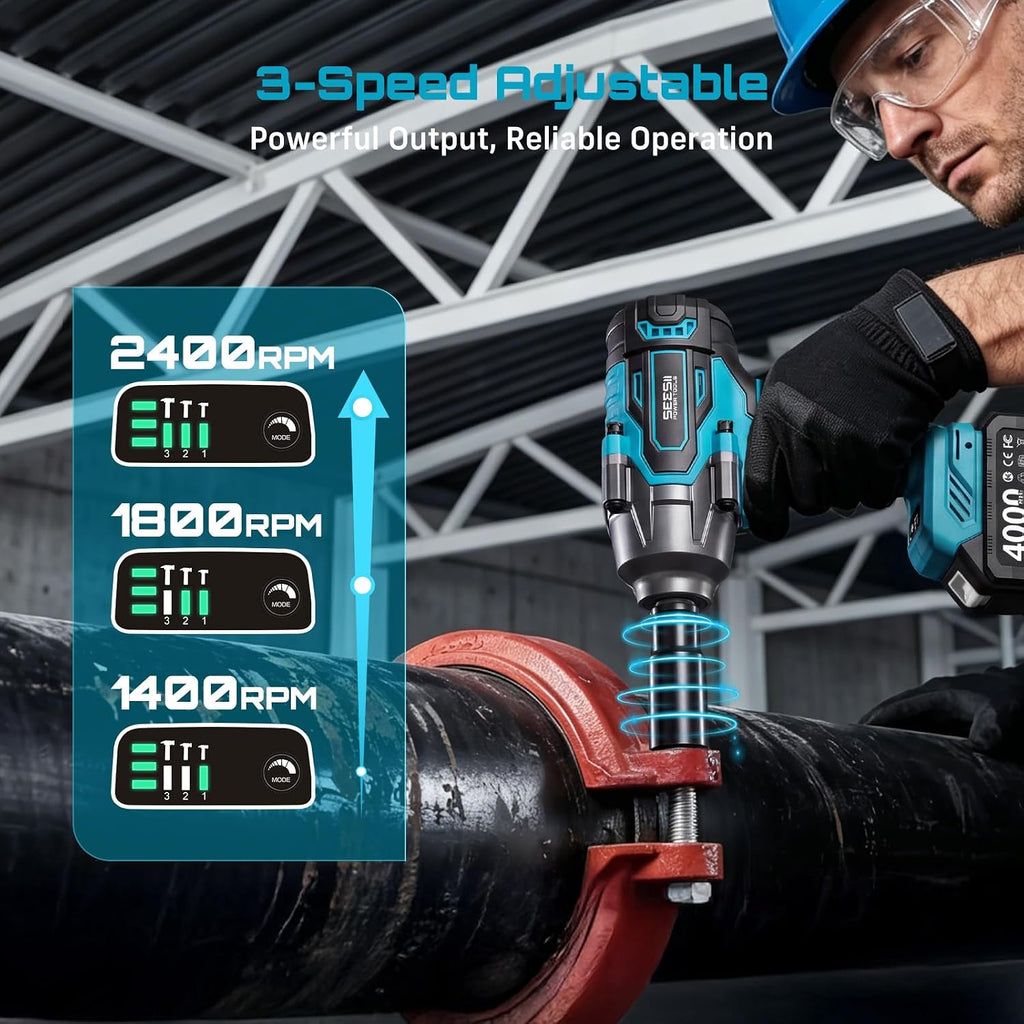 Seesii Llave de impacto inalámbrica de 1000N.m (738ft-lbs) de alto par, pistola de impacto sin escobillas de 1/2" con dos baterías de 4.0Ah, cargador rápido, 5 conectores y estuche de almacenamiento