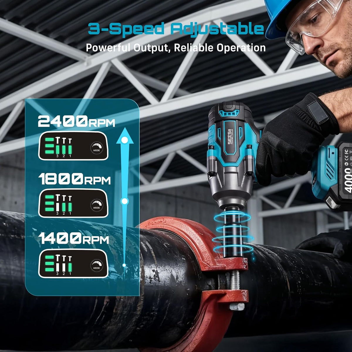 Seesii Llave de impacto inalámbrica de 1000N.m (738ft-lbs) de alto par, pistola de impacto sin escobillas de 1/2" con dos baterías de 4.0Ah, cargador rápido, 5 conectores y estuche de almacenamiento