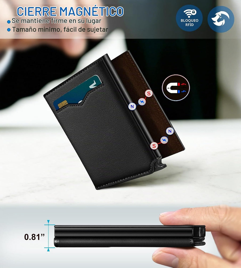 Cartera para hombre, tarjetero desplegable delgado con bloqueo RFID, billetera triple minimalista con 10 ranuras para tarjetas, bolsillo para efectivo y 2 ventanas para identificación, funda