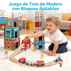 Juego completo de tren de madera para niños, pistas de tren de madera
