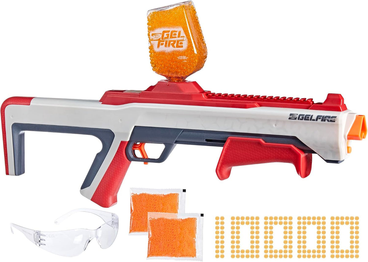 Nerf Pro Gelfire Raid Blaster, dispara 5 rondas a la vez, 10.000 rondas de gel, tolva de 800 rondas, gafas protectoras, juguetes para adolescentes de 14 años en adelante