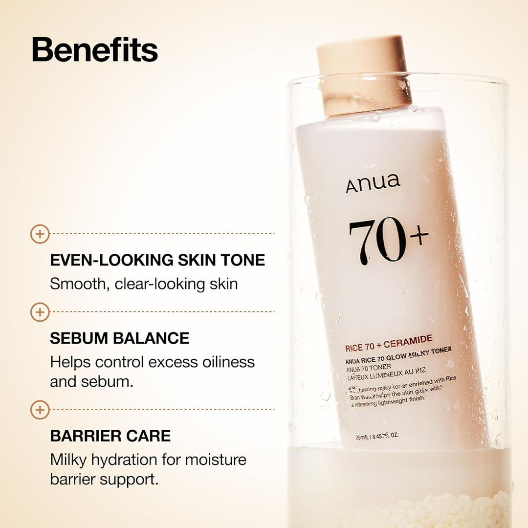 ANUA Rice 70 Glow Milky Toner, para piel de vidrio, agua de arroz,...