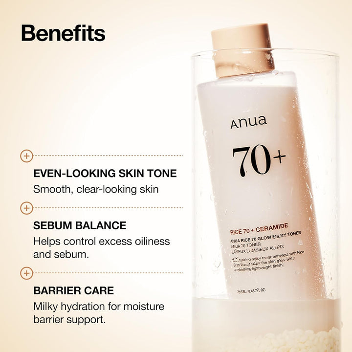 ANUA Rice 70 Glow Milky Toner, para piel de vidrio, agua de arroz,...